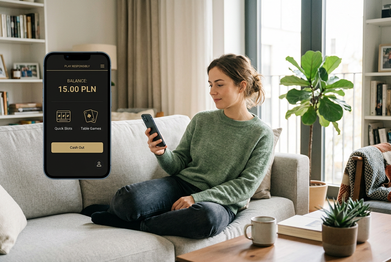 A person comfortably holding a smartphone showing a casino app with a small balance.