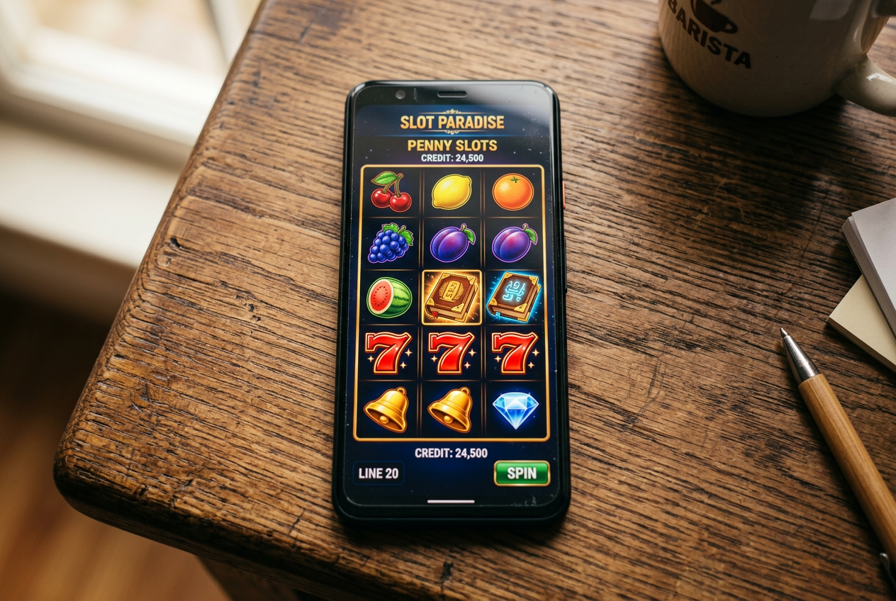 Close-up of a mobile screen featuring several classic slot game icons.
