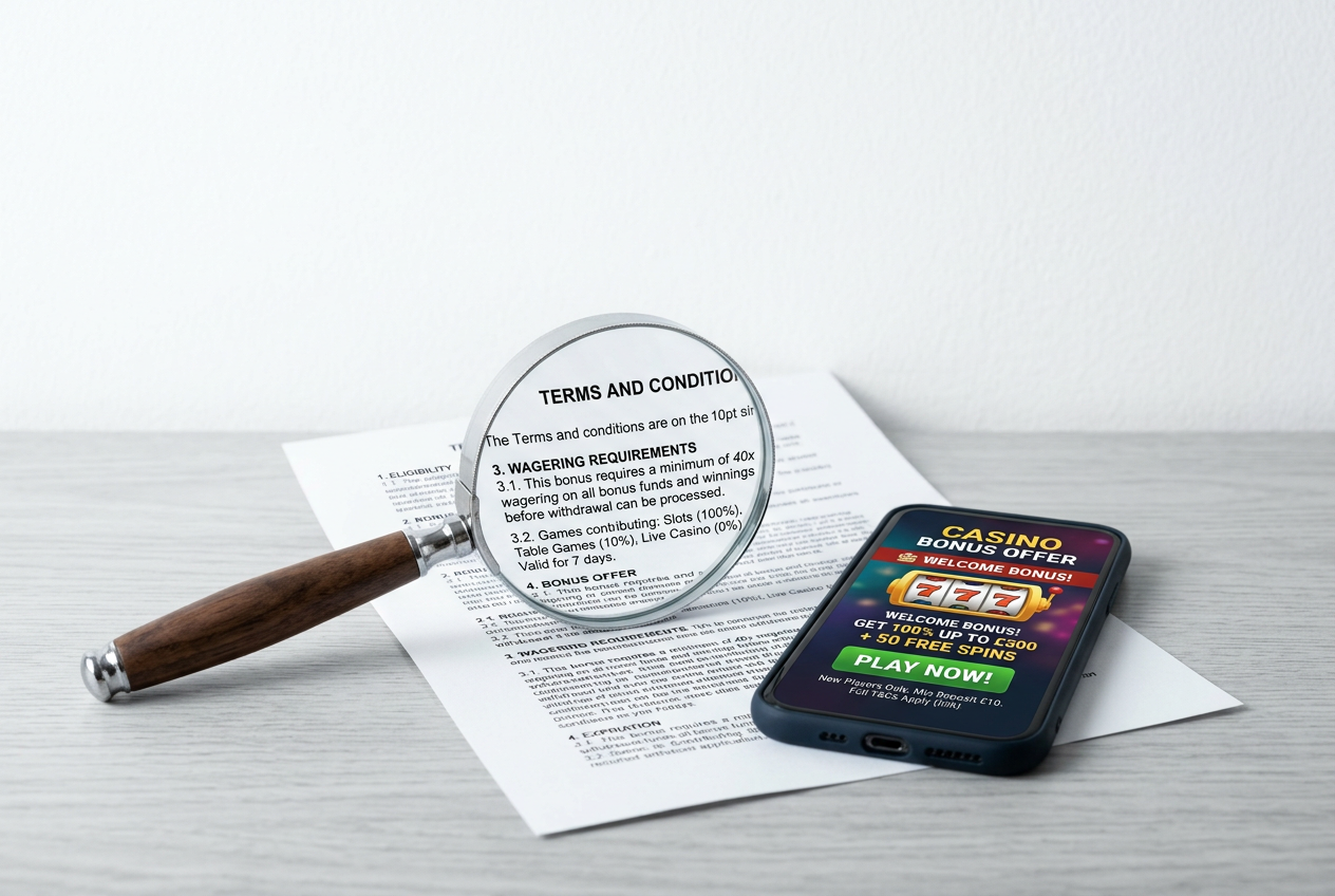 A magnifying glass over a document next to a smartphone showing a casino app.