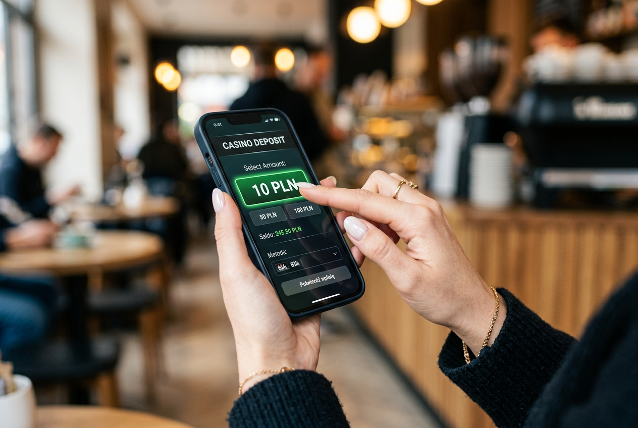 Close-up of a user selecting a 10 PLN deposit option on a mobile phone.