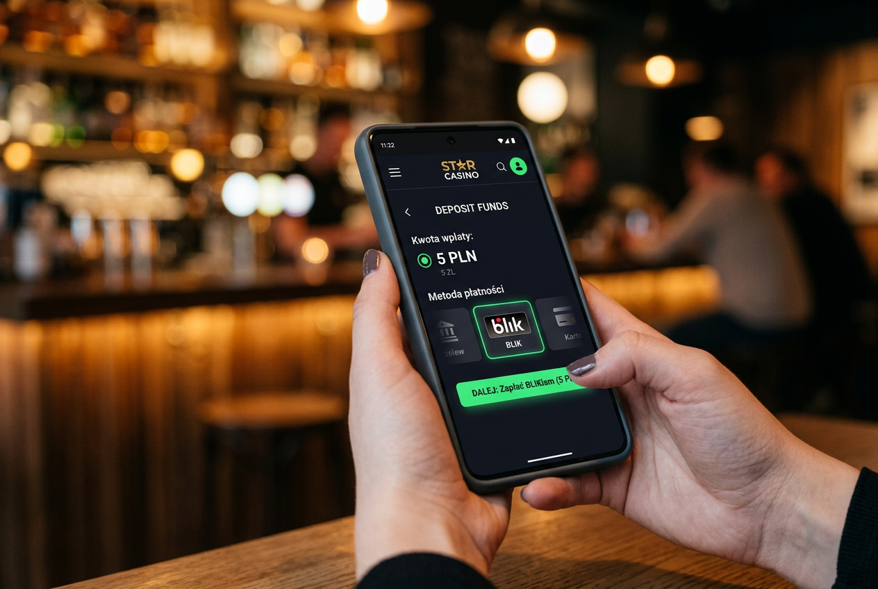 Smartfon wyświetlający interfejs depozytu w kasynie online z opcją 5 PLN i logo BLIK.